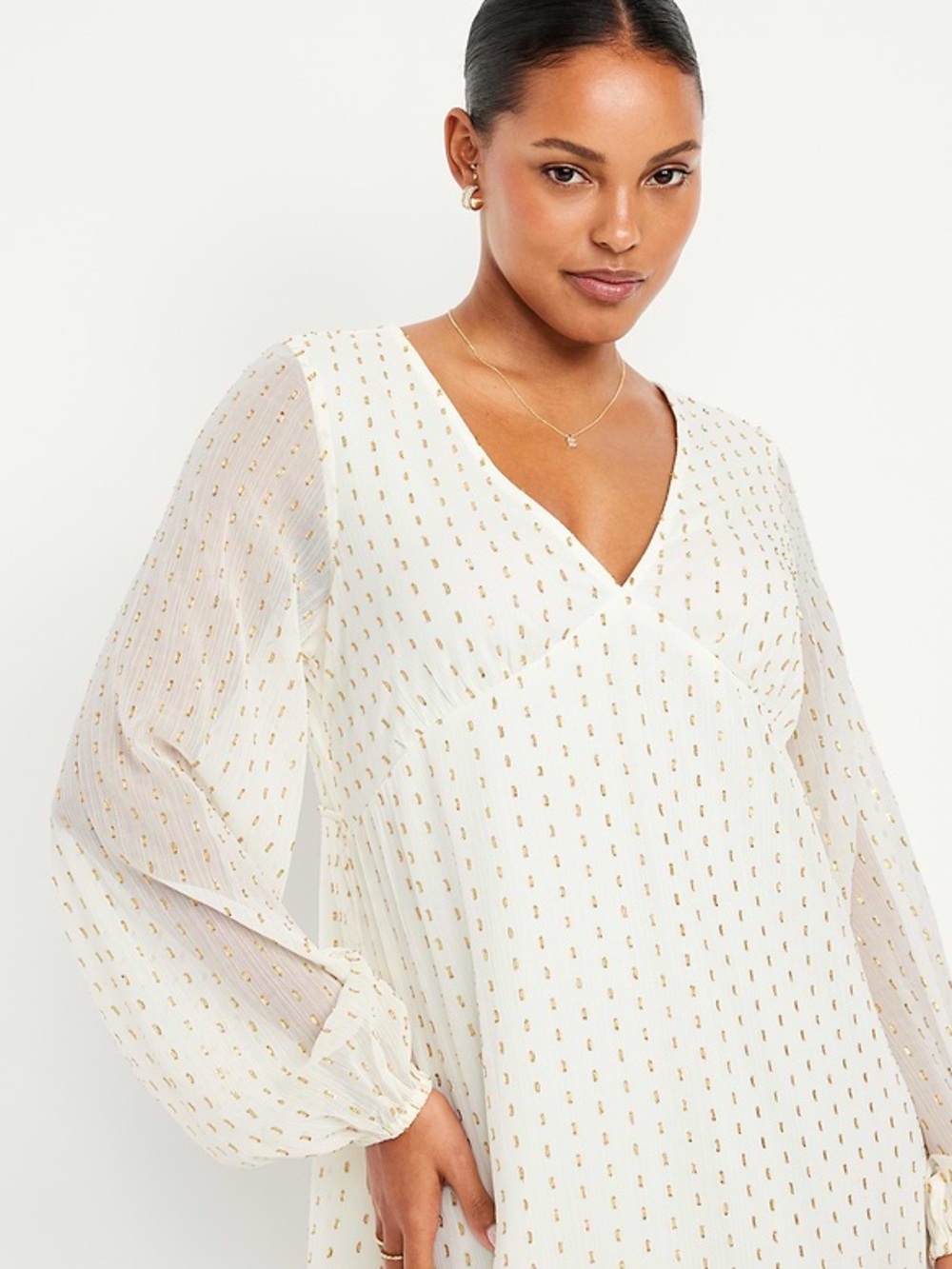 Old Navy Cream V-Neck Swiss Dot Mini Dress Long-Sleeve Shift Dress with Gold Dot